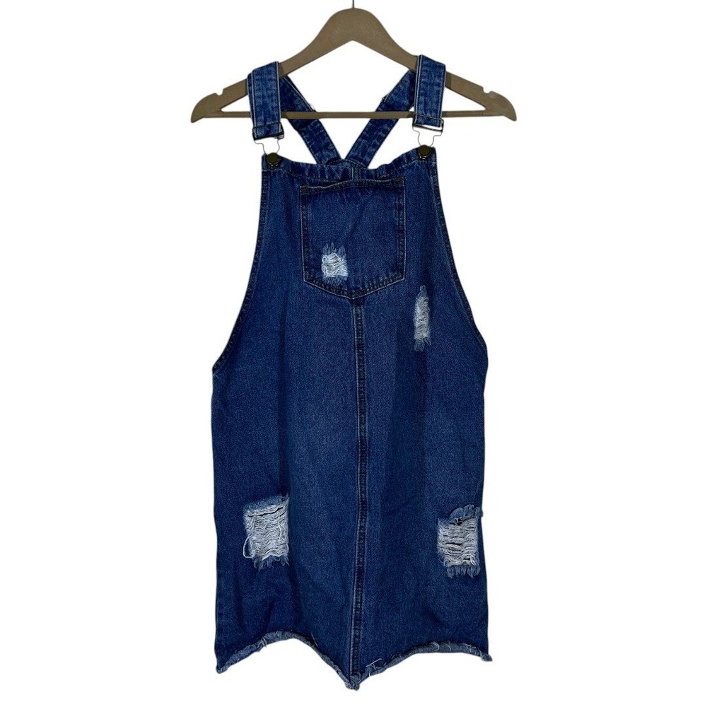 Twin Sisters Distressed Solid Denim Overall Pinafore Dress Blue Countrt Size M